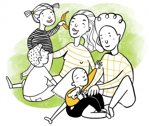 Tecknad bild med personer som umgås, gemenskap